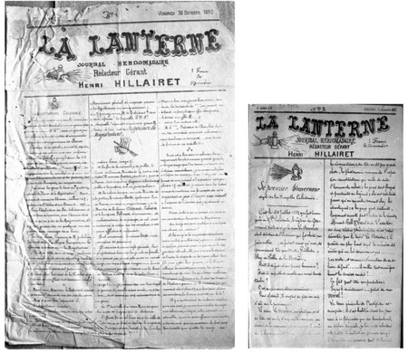 Les deux formats de La Lanterne : première page du numéro 1 et.... première page du numéro 3.