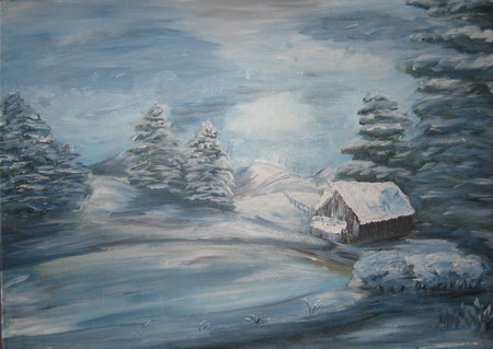 "Winterlandschaft Hütte am See", Dezember 2012, 50X70cm