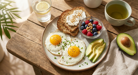 "Assiette de petit-déjeuner protéiné avec œufs, pain complet et avocat pour femme de plus de 50 ans."