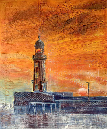 Bremerhaven_Leuchtturm an der Geestemündung_Mixed Media Collage auf Leinwand_50x60cm_2021