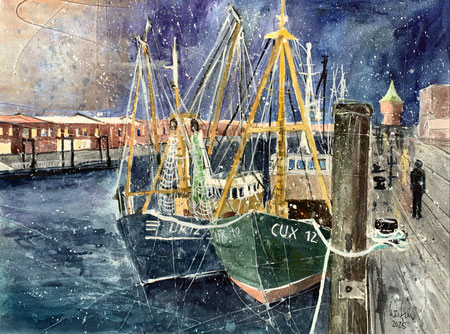Cuxhaven_ Krabbenkutter im alten Fischereihafen-Mixed-Media Aquarell 38x56 cm_8-2025