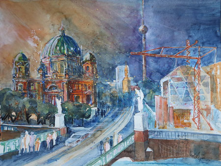 Berlin_Berliner Dom mit Baustelle Stadtschloß und Humboldtbox_Aquarell 50x65 cm_10-2017