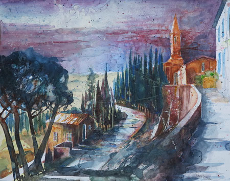 Toskana_Pienza, Stadtmauer mit Kirche_Aquarell 50x65 cm_7-2016