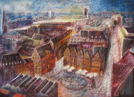 Bremen_Altstadt von oben_Mixed-Media-Collage auf Leinwand 70 x 100 cm_7-2018