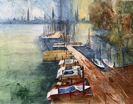 Hamburg_ Bodos Bootssteg an der Außenalster_ Aquarell 50x65cm_ 12-2021