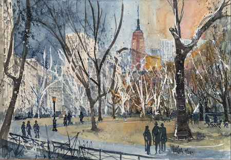 New York, Wintertimes at Madison Square Park, Aquarell 38x56cm, 9/2021