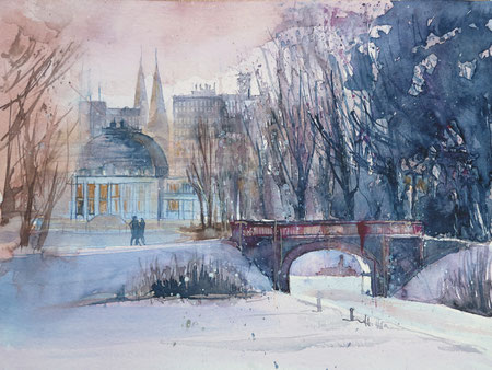 Bremen_Winter an der Melchersbrücke im Bürgerpark_Aquarell 30x40 cm_1-2017