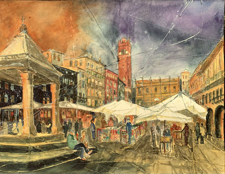 Verona_ Piazza delle Erbe_ Mixed-Media Aquarell 38x56 cm_ 7-2025