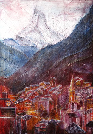 Zermatt mit Matterhorn_Mixed-Media Collage auf Leinwand 50 x 70 cm_12-2018