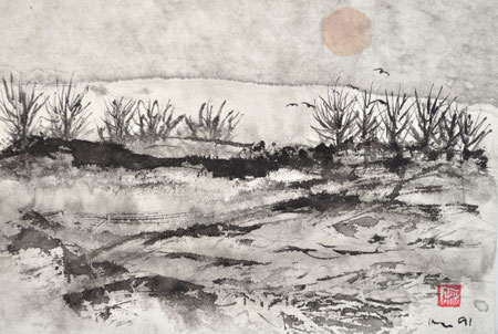 Vollmond am Neckar/Sumi-e/1991/23,3x16,7cm/ID: 6S39-0783,1/250.-€