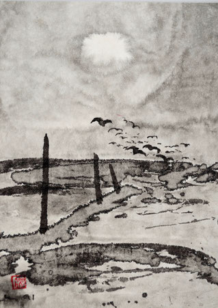 Full moon and birdsl/Sumi-e/1991/17,3x26,7cm/ID: 6S40-0784,1/300.-€
