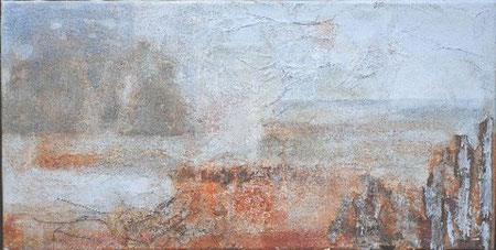 Retreat 1, 2005 ___ 40x80 acrylic, paper, sand, bark on cotton