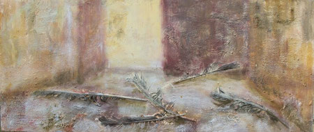 The Seven Ravens, 11/2007 _____ 30x70 acrylic, sand, gypsum, marble, feathers on cotton