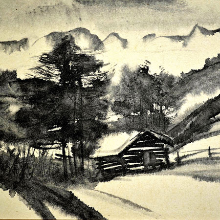 Near Fiss/Tyrol/Sumi-e/1980/23,8x16,3cm/ID: Y288-2914/250.-€