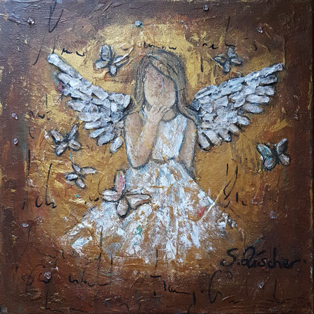 Guardianangel-Engel der tiefen Verbundenheit, Acryl Mischtechnik mit Bergkristalle auf  Leinwand, Format 30x30 cm -bereits vergeben