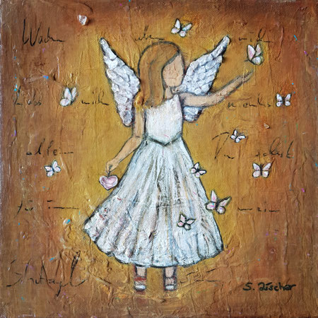 Schutzengerl 3, Acryl Mischtechnik mit Bergkristalle auf  Leinwand, Format 30x30 cm-bereits vergeben