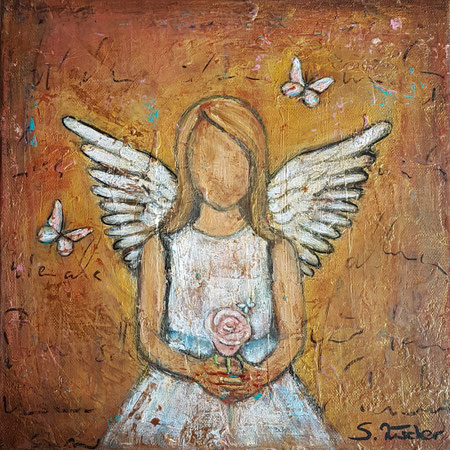 Schutzengerl 2, Acryl Mischtechnik mit Bergkristalle auf  Leinwand, Format 30x30 cm -bereits vergeben