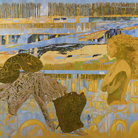 “Immersion in the snake’s waters with iron corset as prison of its coils in the endless estuary that leads to Venice,” 2014-2018. Oil on canvas, 160 x 200 cm