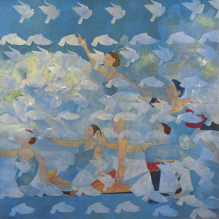 " To the spirits of my loved ones that, like dancing doves, fly away ", 2013. Oil on canvas, 200 x 200 cm