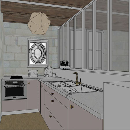 3D de la future cuisine de la rénovation d'un appartement T2