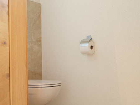Helle matte Lehmfarbe an einer Wand im Gäste-WC mit Holzrahmen und Natursteinfliesen.