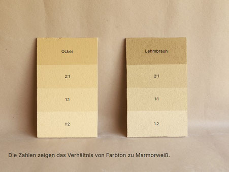Mischbeispiele für Ocker und Lehmbraun mit Marmorweiß in den Verhältnissen 2:1, 1:1 und 1:2