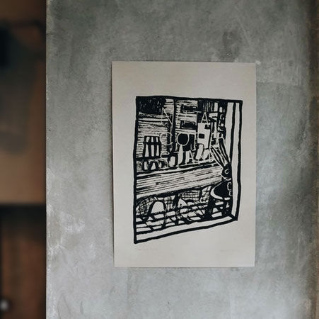 描く人、芸術家ミヤタタカシが描いたMOUNT COFFEE 周年記念のためのポストカー作品。作MOUNT COFFEE の関連店、NITTA COFFEE STAND の外観。