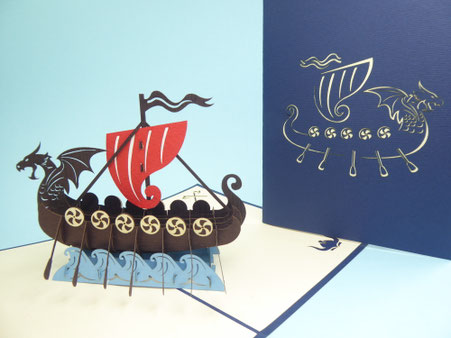 Carte pop-up Drakkar viking anniversaire voeux 
