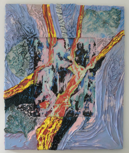 "streamy" Experimentelle Hinterglasmalerei im Textilatrahmen, 85x70 cm,2024