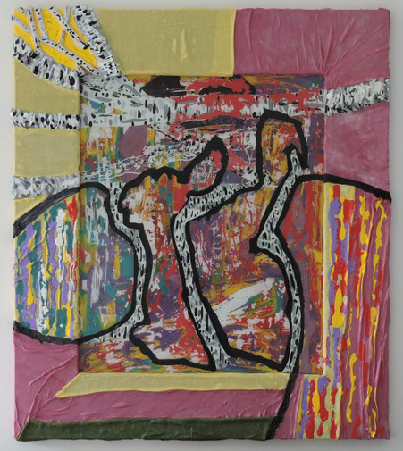 "Les quatre"  Experimentelle Hinterglasmalerei im Textilatrahmen, 85x75 cm, 2024, 