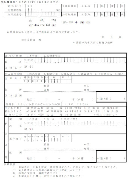 古物商許可申請書