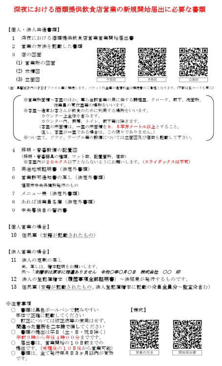 深夜における酒類提供飲食店営業の新規開始届出に必要な書類