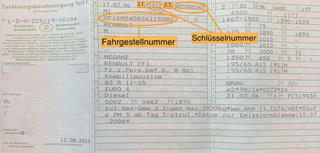 Ihre Schlüsselnummer und Fahrgestellnummer finden Sie in Ihre Zulassungsbescheinigung Teil 1 unter den Punkten 2.1 und 2.2 finden Sie die Schlüsselnummer und die Fahrgestellnummer/ FAHRZEUG ID NUMMER unter dem Punkt E.