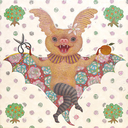 「Nightscope at poppocaller's play」 ￥220,000（税込） 8号F(37.9×45.5㎝) 雲肌麻紙に岩絵具、顔彩、銀箔、金銀泥、ガッシュ 2022年