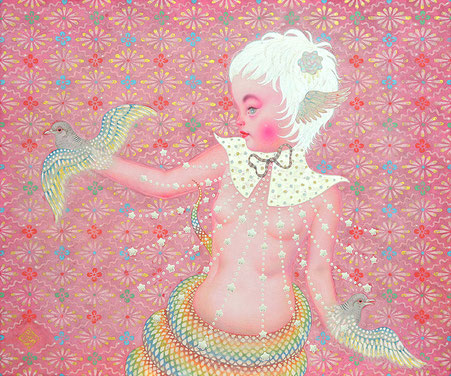 「Nightscope at poppocaller's play」 ￥220,000（税込） 8号F(37.9×45.5㎝) 雲肌麻紙に岩絵具、顔彩、銀箔、金銀泥、ガッシュ 2022年