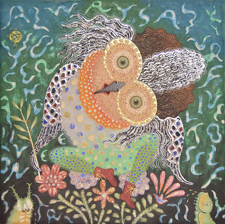 「Nightscope at poppocaller's play」 ￥220,000（税込） 8号F(37.9×45.5㎝) 雲肌麻紙に岩絵具、顔彩、銀箔、金銀泥、ガッシュ 2022年