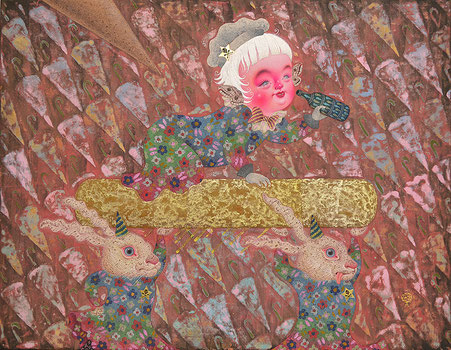 「Nightscope at poppocaller's play」 ￥220,000（税込） 8号F(37.9×45.5㎝) 雲肌麻紙に岩絵具、顔彩、銀箔、金銀泥、ガッシュ 2022年