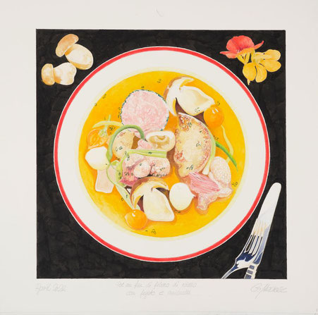 "Pot au feu" di filetto di vitello con fegato e animelle", Aquarell, Arches Büttenpapier, 30x30cm, April 2022 