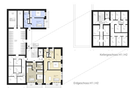 Haus 1 und 2: Erdgeschoss Grundriss mit Fahrradkeller und Abstellräumen ---    (Bilder zum Vergrößern anklicken.)