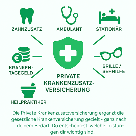  „Schaubild zur Privaten Krankenzusatzversicherung: In der Mitte ein grünes Schild mit Kreuzsymbol und der Aufschrift ‚Private Krankenzusatzversicherung‘.  Versicherungsmakler Isental - Dorfen
