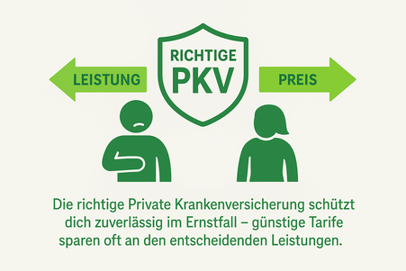 Infografik: Vergleich günstige vs. richtige PKV – Pfeile zeigen auf Leistungen und Qualität statt Billigtarif, Maklertipp Dorfen.