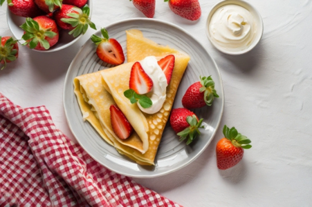 いちごと生クリームが添えられたクレープのお皿。赤と白のギンガムチェックのナプキン。