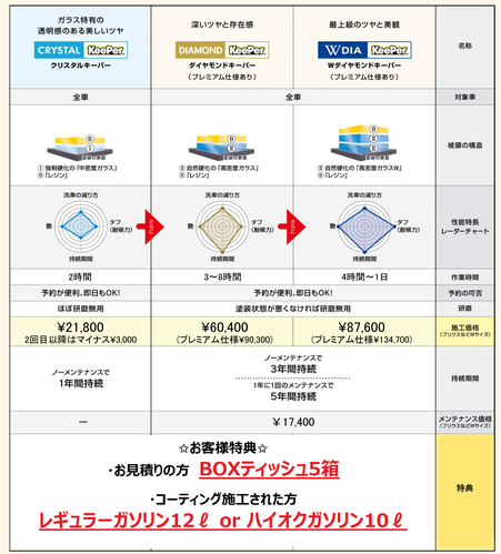 黄砂・花粉・虫取り・鳥のフン・融雪剤といった厄介な汚れはもちろん、鉄粉除去・油膜取り・ウォータースポット・うろこ取りまで徹底的に対応。ホイールやタイヤもプロのテクニックでピカピカに仕上げ、車内清掃まで含めた豊富なメニューをご用意しています。