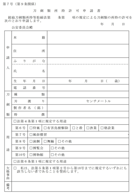 刀剣類所持許可申請書