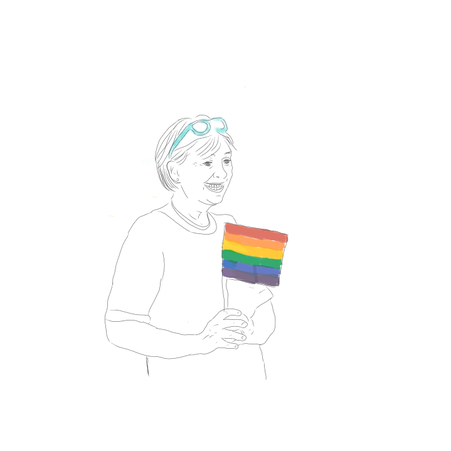 A drawing with a white background. On it is a middle aged to elderly woman. She has short hair with glasses pearched on top. She is smiling and holding a small gay pride flag