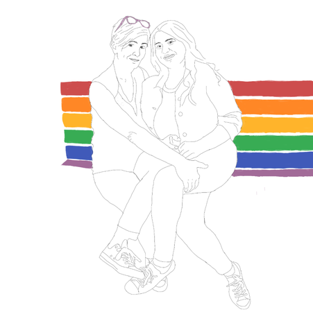 A Drawing. In the background is the gay pride flag. In Front of it, two middle aged women are sitting, embracing eachother and smiling at the viewer. One is skinny with short hair and glasses on top of her head, the other one is bigger with long hair