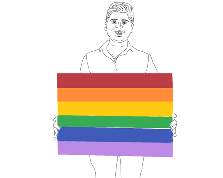 A drawing with a white brackground. A plus sized man is standing, holding a sign with the gay pride flag on it. He is smiling