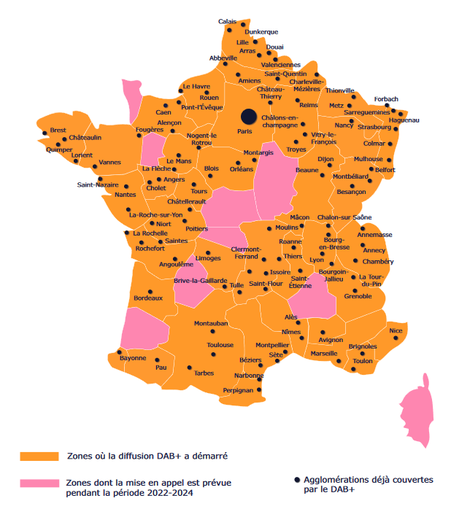 Carte du déploiement du DAB+ en France métropolitaine
