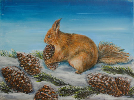 Eichhörnchen im Winter (PellyPainting,  Acryl, 80x60)
