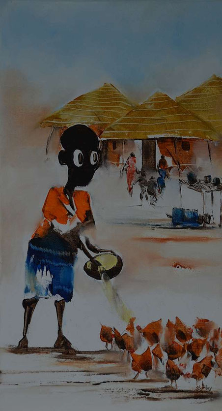 NALA is feeding the chickens 45x25cm, Oil on streched Canvas (painted by Stanley Sibanda, Bulawayo, Zimbabwe )